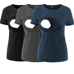 Nursing Cutout Ribbed Tee - Blue, Gray, Black